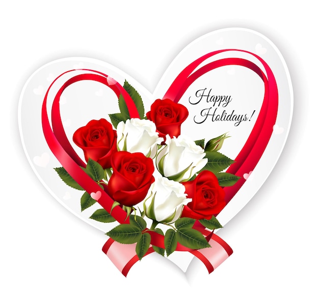 Happy Valentine's Day beautiful getting card with colorful roses and a red heart shape ribbon and bow. Vector.