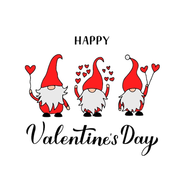 Happy Valentine s Day calligraphy hand lettering with cute cartoon gnomes Vector template for Valentines card flyer banner sticker t shirt etc