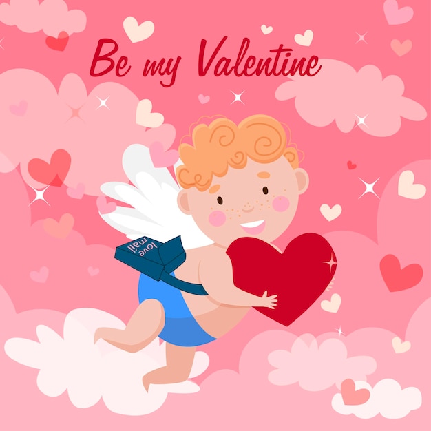 Happy Valentine's Day card. Cupid with love mail and a big heart. Beautiful background with clouds