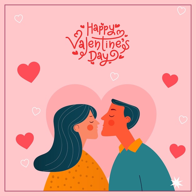 Happy Valentine's Day Concept With Romantic Young Couple Character Kissing On Hearts Decorated Pink Background