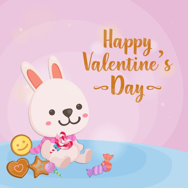 Happy Valentine's day, Cute rabbit on pink background. Greeting card for Valentine's day