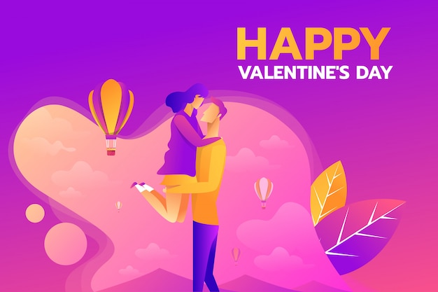 Happy valentine s day design. Couple love kissing with love on heart shape cloud hot air balloon