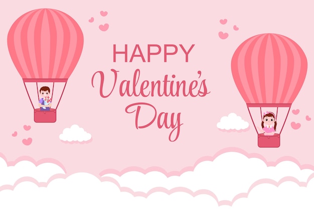 Happy Valentine's Day Flat Design Illustration Which is Commemorated on February 17 with Teddy Bear, Air Balloon and Gift for Love Greeting Card