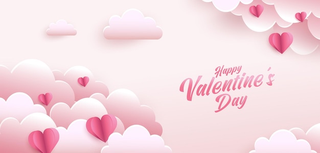 Happy Valentine's Day greeting card . Holiday banner with paper art style heart shapes.