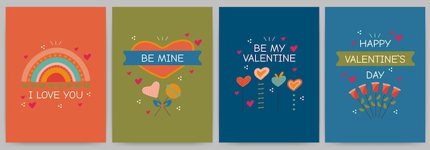 Happy Valentine's Day greeting card set Rectangular templates candies hearts ribbons roses rainbow