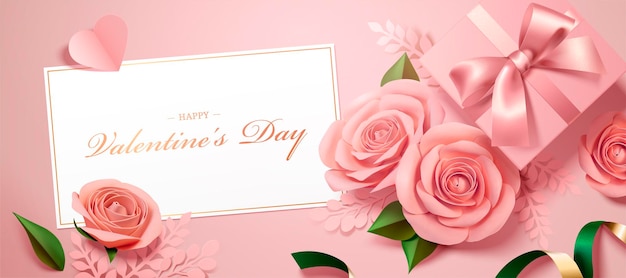 Happy Valentine's Day greeting card with paper roses and gift boxes banner in top view angle, 3d illustration