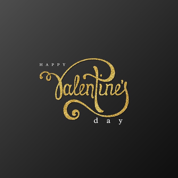 Happy Valentine's Day handwriting script lettering, golden glitter effect, black . 