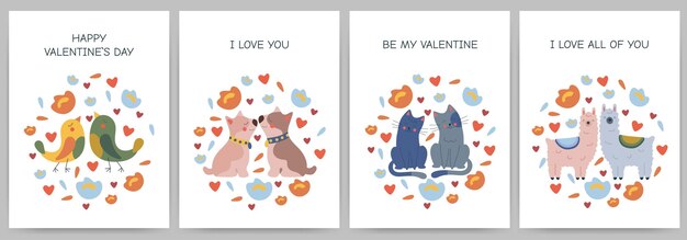 Vector happy valentine's day postcard set with animals  flowers and hearts birds dogs cats llamas