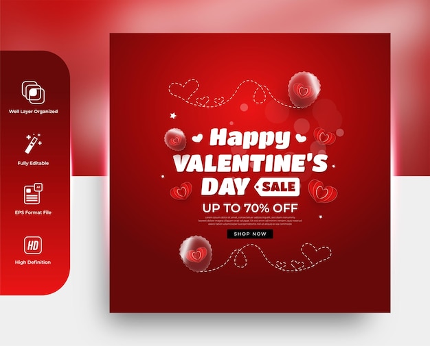 Happy valentine's day social media poster or banner background with 3d red love balloon template