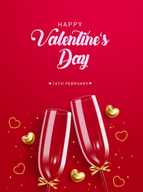 Happy valentine's day text vector design. Valentine's day greeting card with couple wine glass.