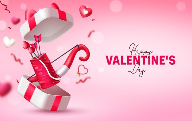 Vector happy valentine's day text vector design valentine's day greeting card with gift box bow and arrow