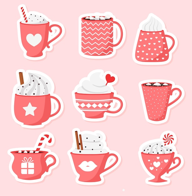 Happy Valentine's Day. Valentine's Day hot drinks collection. Vector illustration. Eps 10