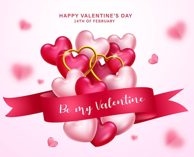 Happy valentine's day vector design. Be my valentine text in red ribbon with heart bunch balloons.