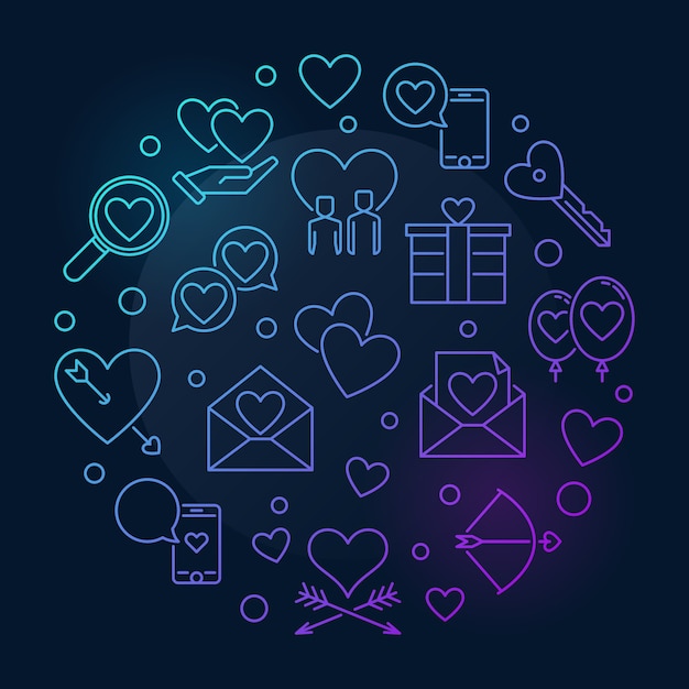 Happy Valentine's Day vector round colorful outline illustration