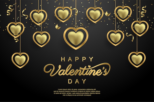 Happy valentine's day with realistic gold love on black