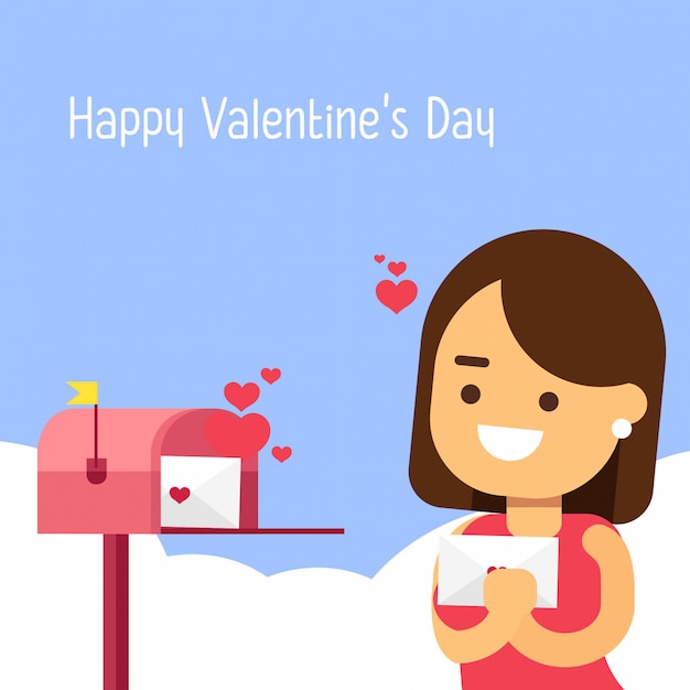 Happy valentine's day. Woman with love letter and mailbox