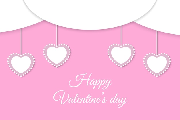 Happy Valentines day background 3D banner with beautiful hanging hearts and clouds with lettering