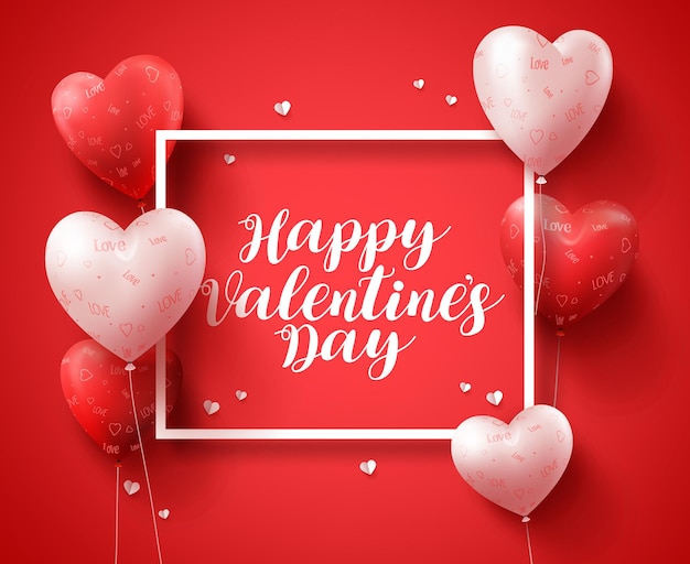 Happy valentines day banner design typography text with red heart shape balloons and elements