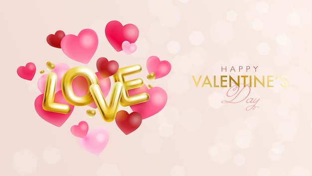 Happy Valentines day banner with 3D golden love alphabet and heart balloons