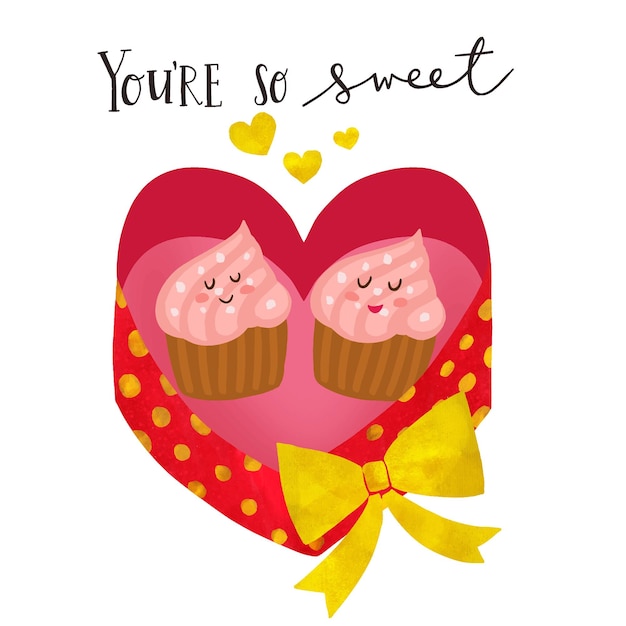 Happy valentines day banner with cute heart desserts chocolate cupcake