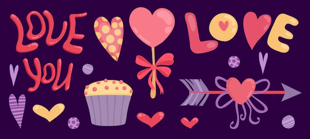 Happy Valentines day banner with love you lettering, arrow and cupcake