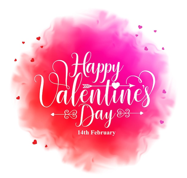 Happy valentines day calligraphy text in colorful watercolor like texture with hearts elements