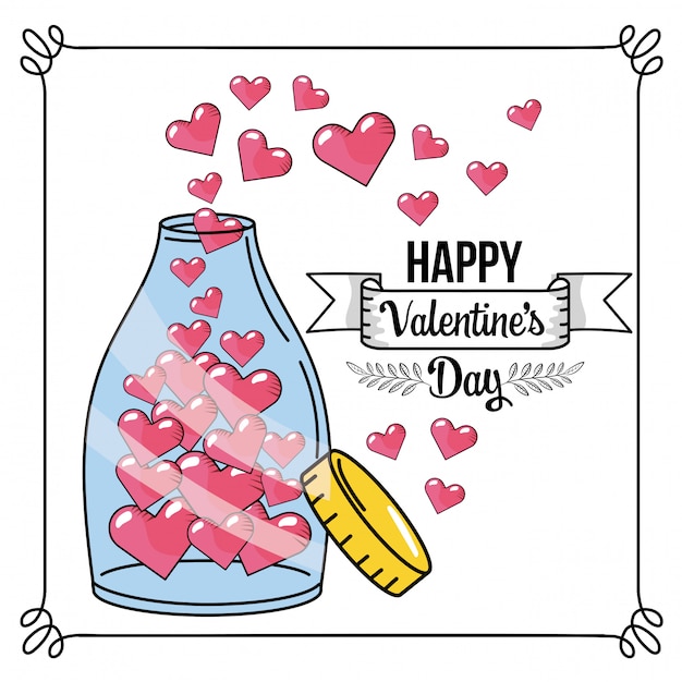 Happy valentines day celebration with bottle and hearts