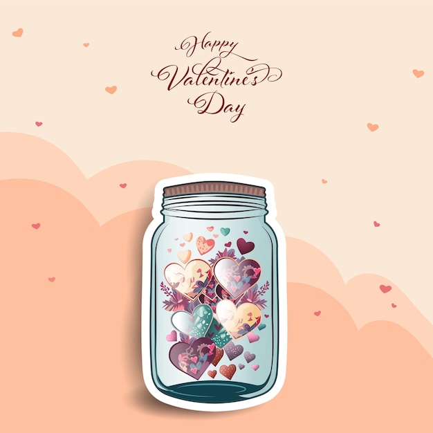 Happy Valentines Day Concept Sticker Style Colorful Hearts With Leaves Inside Jar