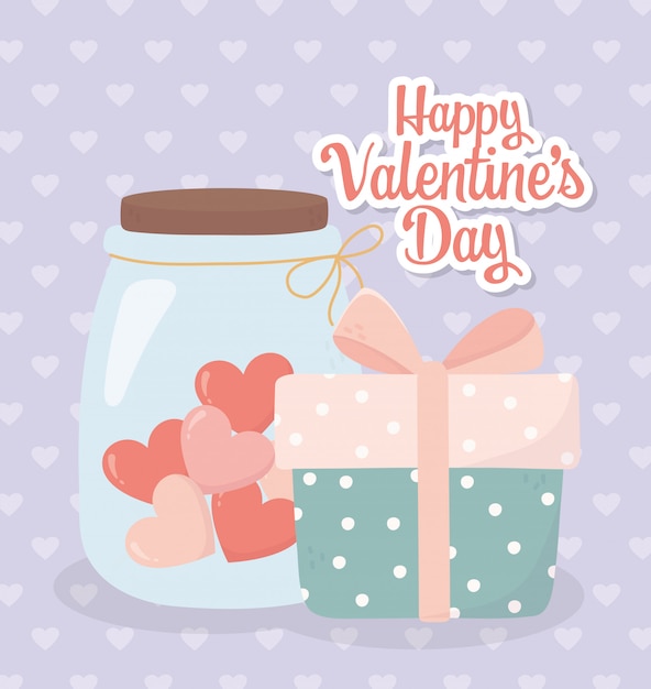 Happy valentines day gift box and jar glass heart love card