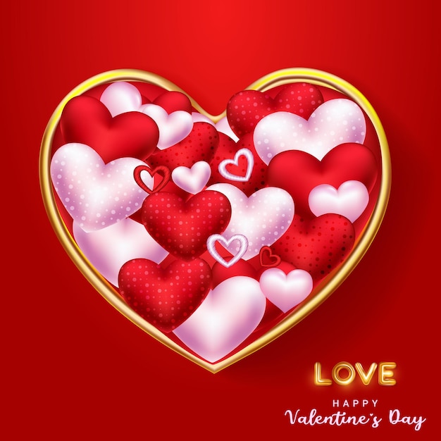 Happy valentines day gold love vector with red and white heart background