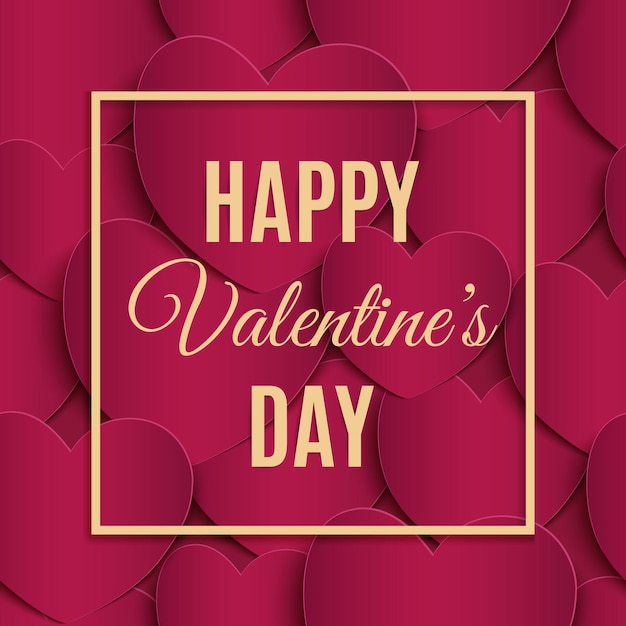 Happy Valentines Day greeting card template on seamless pattern with paper hearts. Vector illustration.