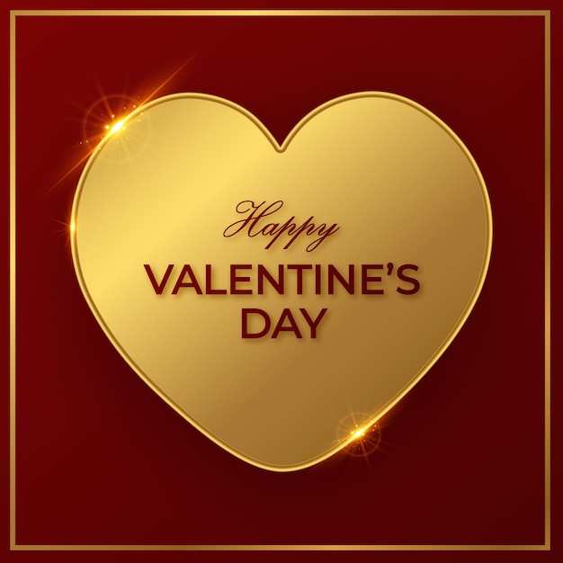 Happy Valentines Day greeting card with big golden heart on red background