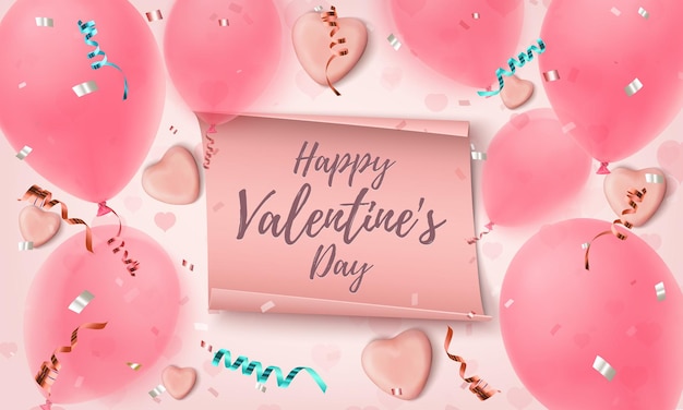 Happy Valentines Day greeting card with candy hearts, balloons, confetti and ribbons