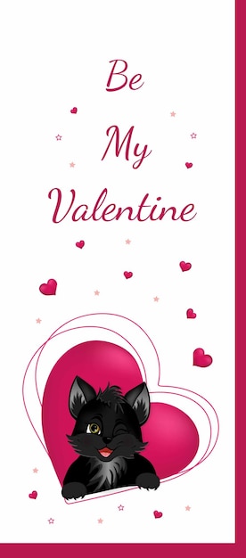 Happy Valentines Day Greeting postcard with pink hearts and little cat kitten