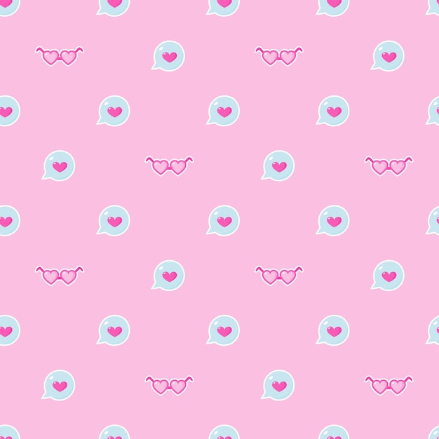 Happy valentines day greeting seamless pattern with heart  shaped glasses and talking bubble on pink background Vector illustration