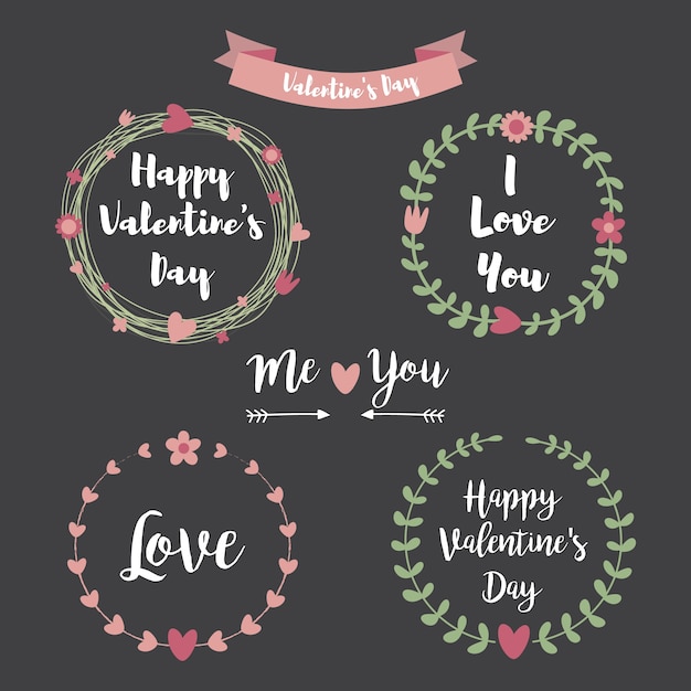 Happy Valentines Day Hand Drawing Set.Floral frame Typographic Lettering on Chalkboard background