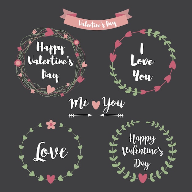 Happy Valentines Day Hand Drawing Set.Floral frame Typographic Lettering on Chalkboard background