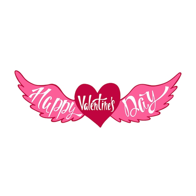 Happy Valentines Day Handwritten vector lettering design Calligraphic phrase in heart with wings