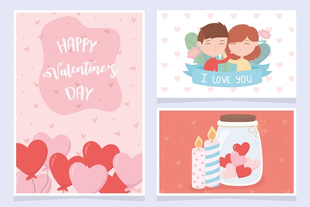 happy valentines day happy valentines day cute couple with balloon heart candles card set 