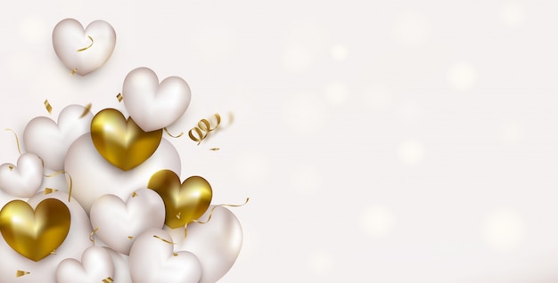 Happy Valentines Day horizontal background with white and gold hearts, confetti, serpentine.