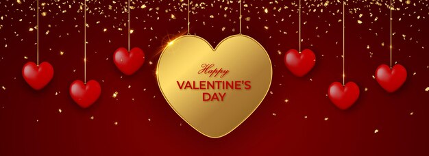 Vector happy valentines day horizontal banner with big golden heart and red 3d hearts on red background