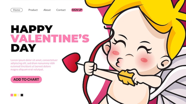 Happy valentines day landing page template with cute cartoon character illustrations