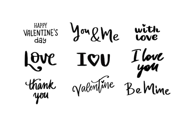 Happy Valentines day lettering set of different love phrases hand written calligraphy