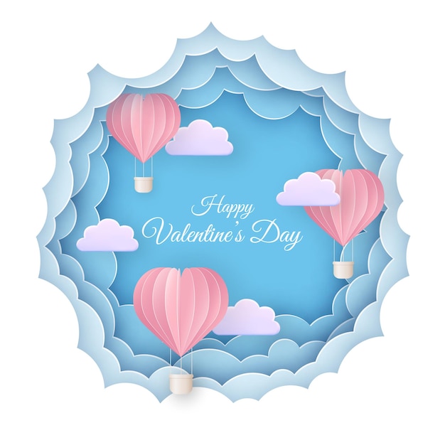 Happy Valentines Day Paper balloons and 3d clouds on a blue sky background