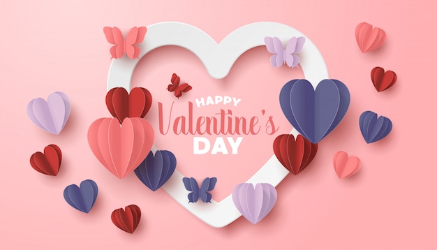 Happy valentines day paper cut style with colorful heart shape in pink background