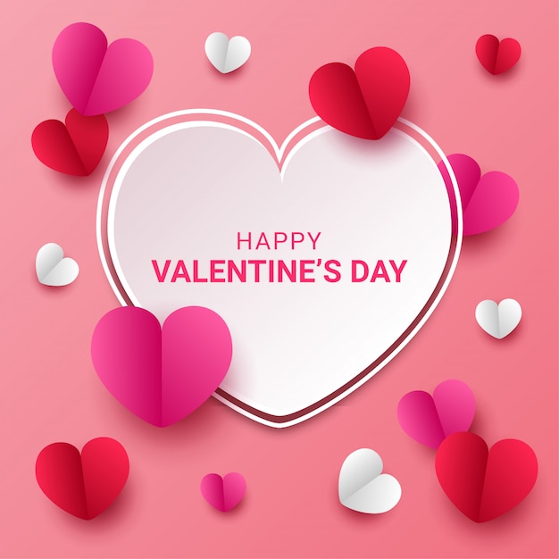 Happy valentines day paper cut style with colorful heart shape in pink 