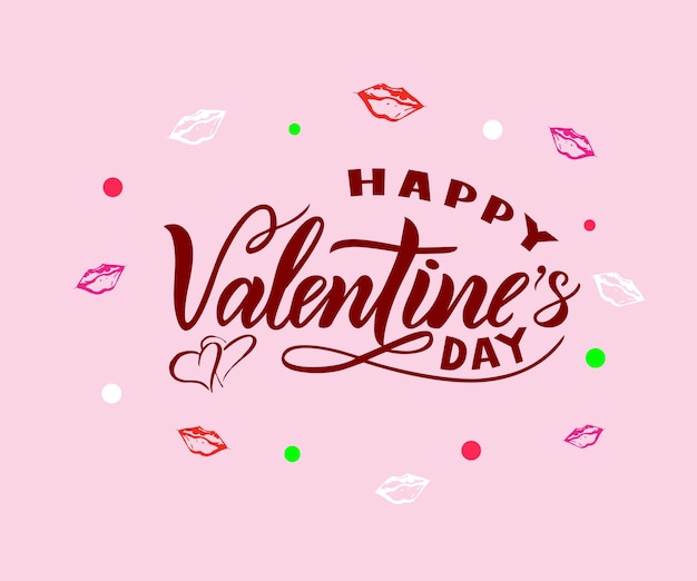 Happy Valentines day on pink background with hearts. Modern calligraphic lettering. Isolated. Black color. As template for inscription of banner, print, greeting card, poster