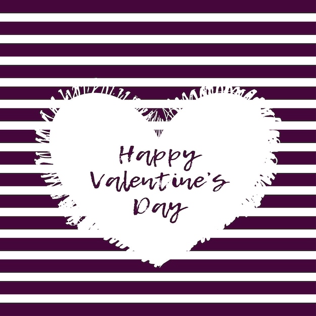 Happy Valentines Day postcard with hand drawn torn heart on striped purple background with lettering