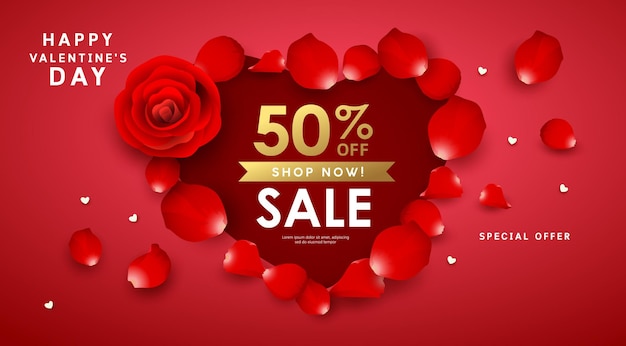 Happy Valentines Day Rose petals sale design on red background vector illustration