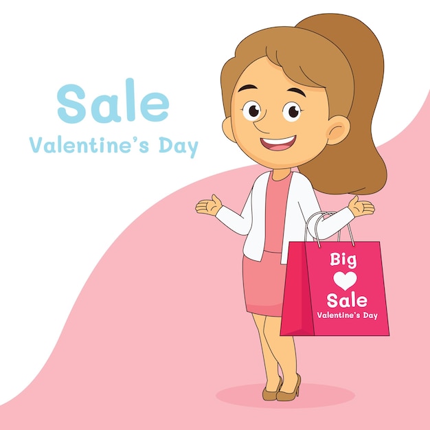 Happy valentines day Sale banner with Shopping woman